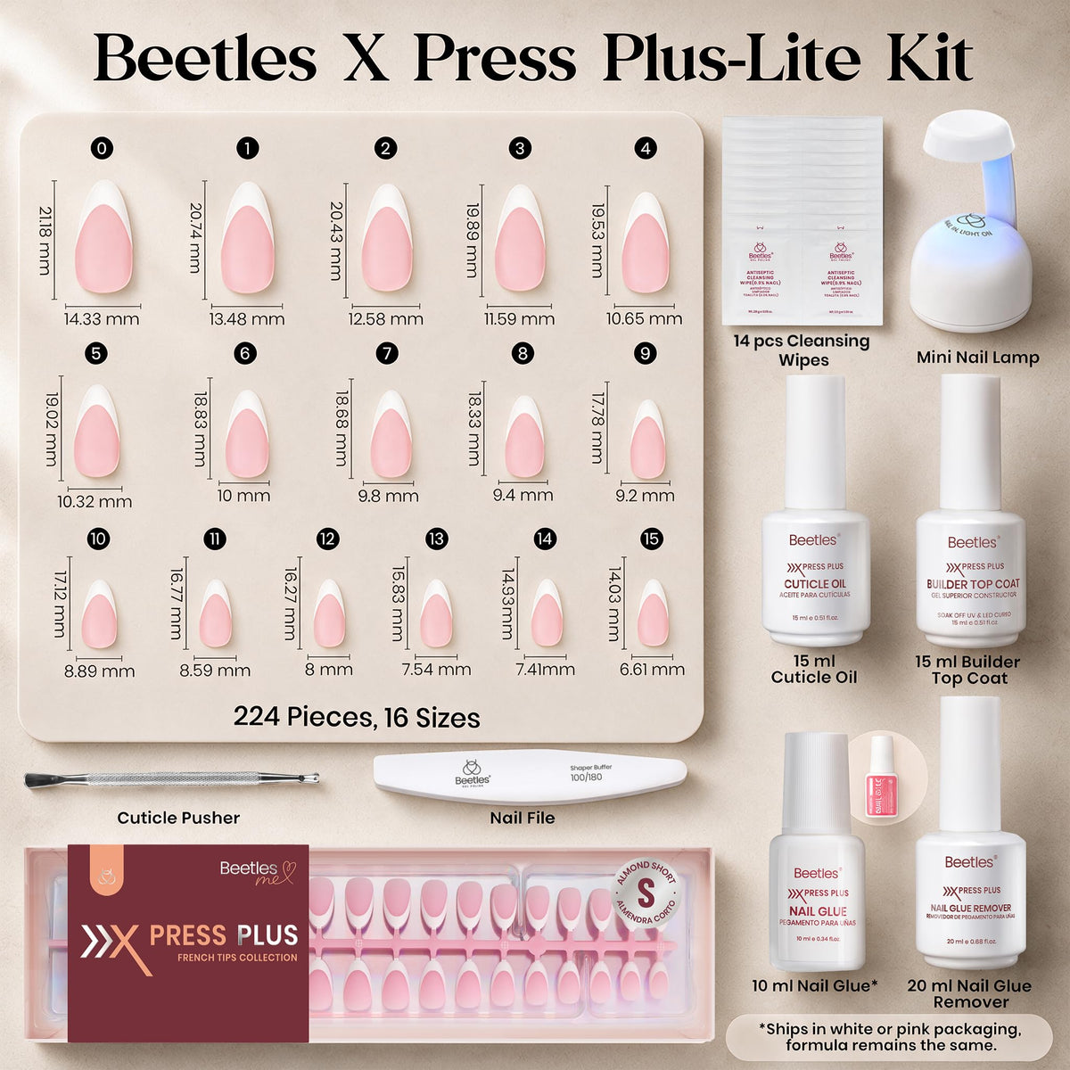 Beetles nail kit contents including quick-dry glue and builder top coat