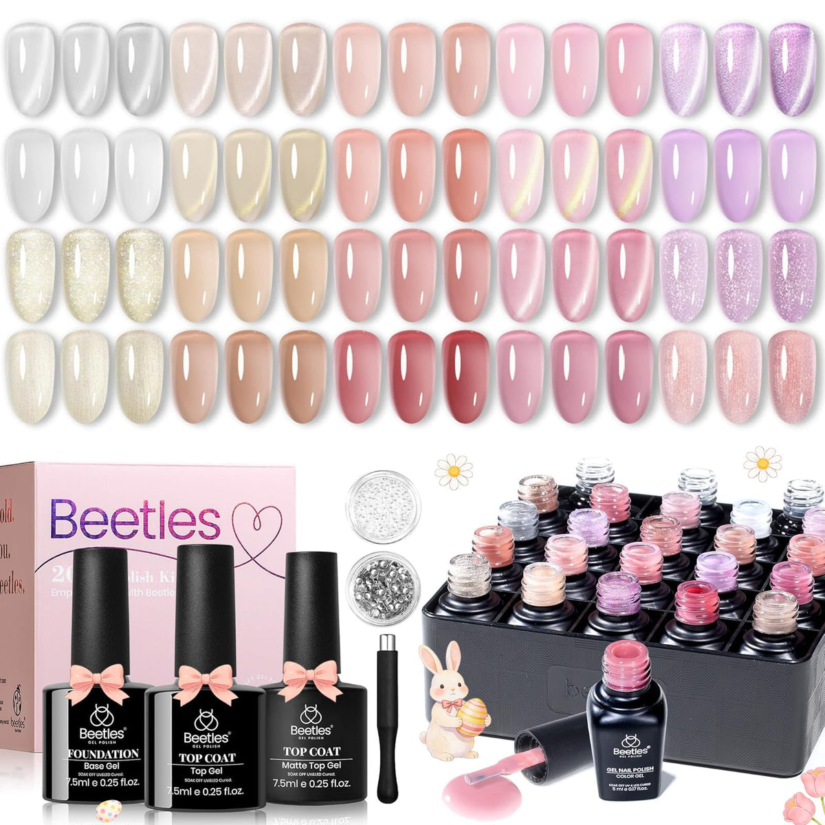 Beetles nail polish set including pearl and rhinestone charms