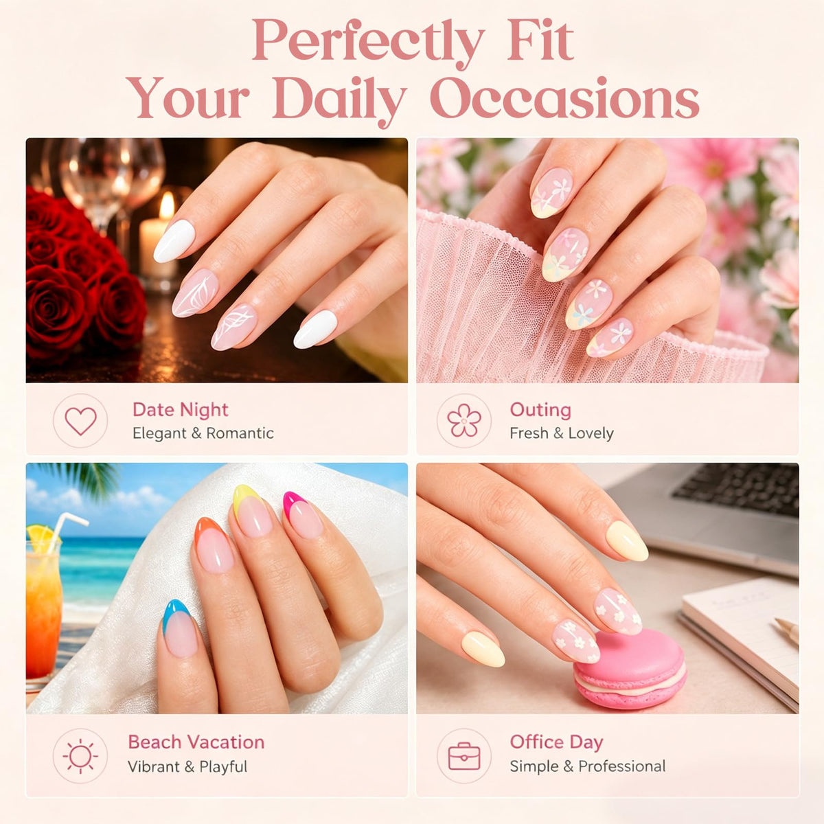 beetles nail tips displayed with nail art accessories