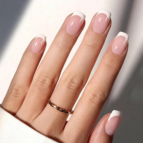 beetles Pink French Tip Press on Nails front view with glossy finish