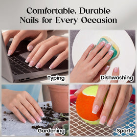 beetles Pink French Tip Press on Nails laid out for application