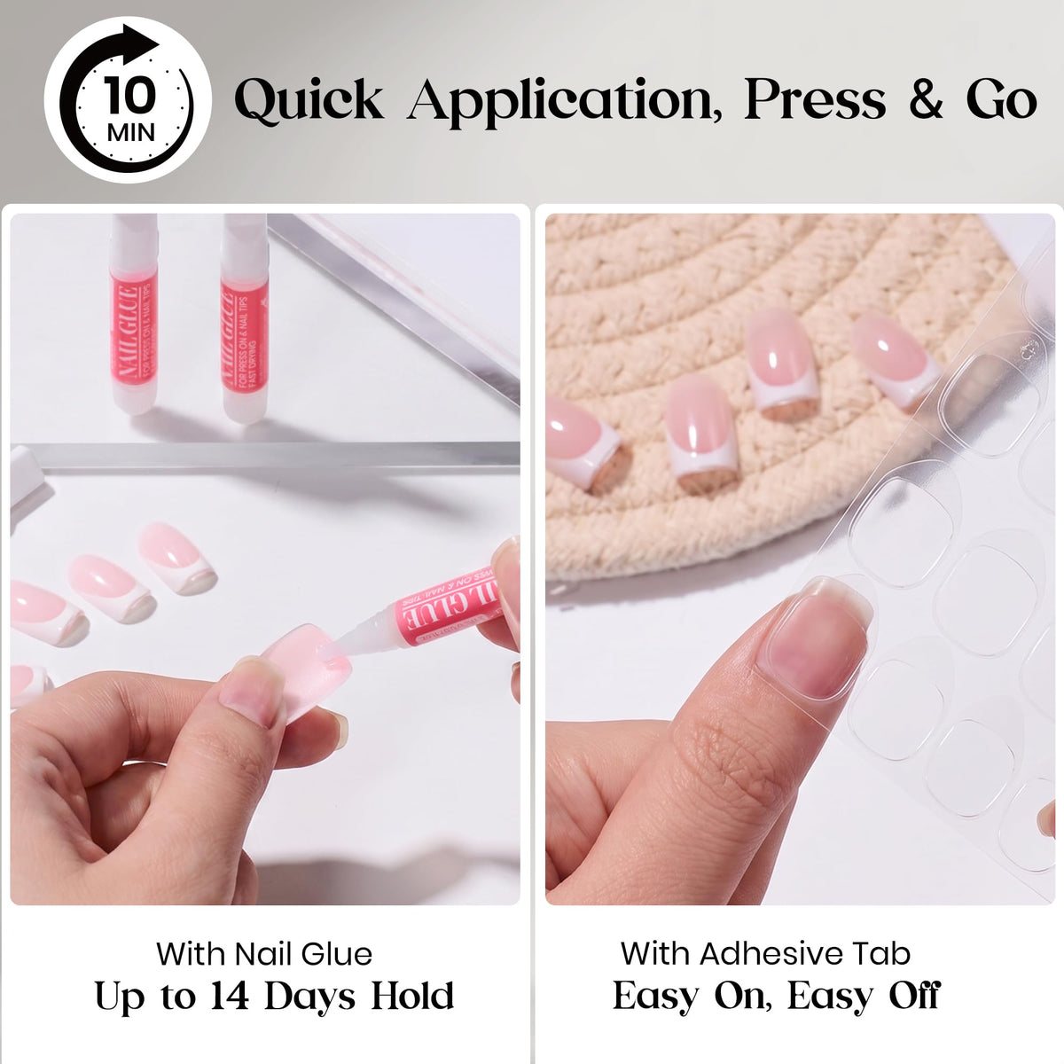 beetles Pink French Tip Press on Nails lifestyle scene with hands