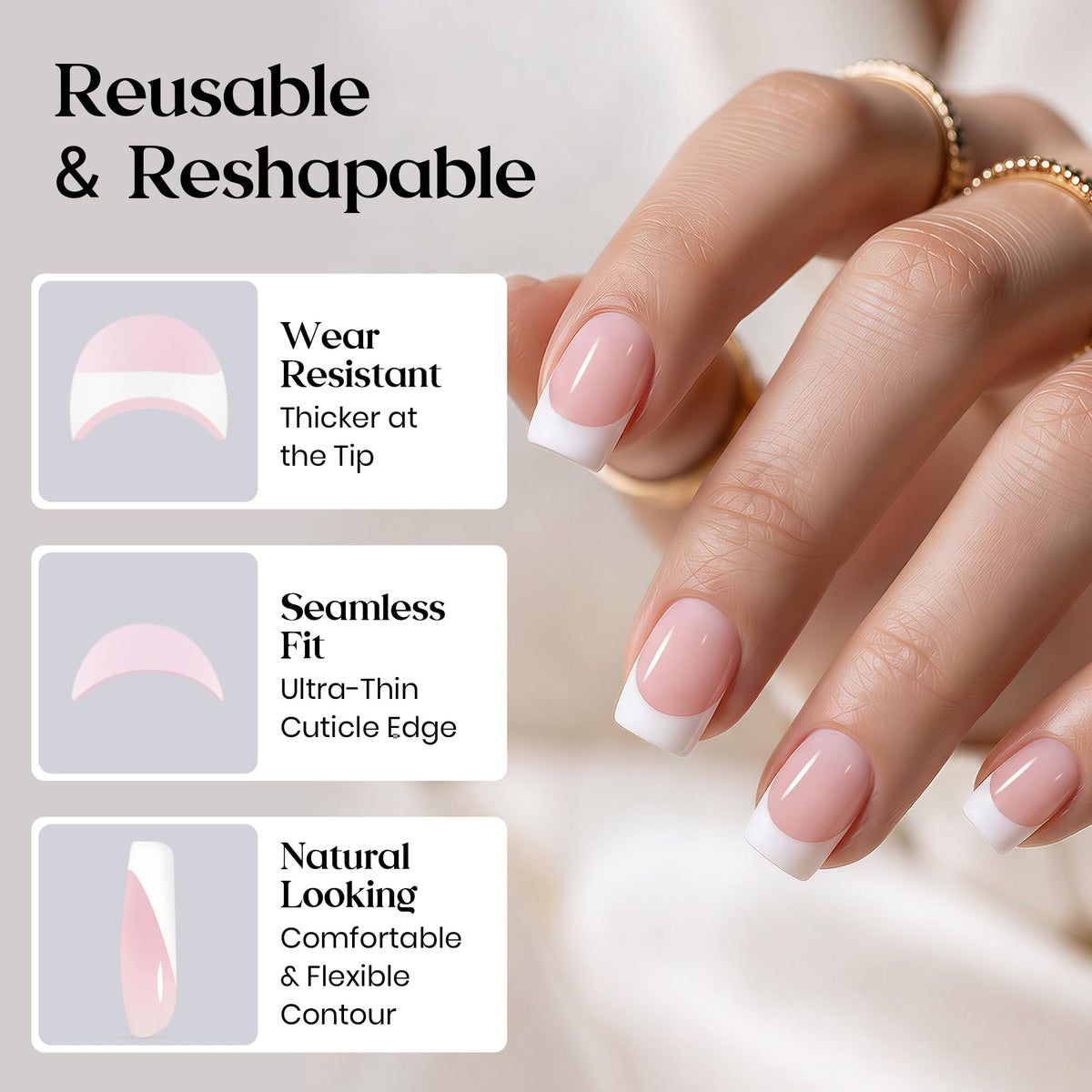beetles Pink French Tip Press on Nails mini nail file and cuticle stick