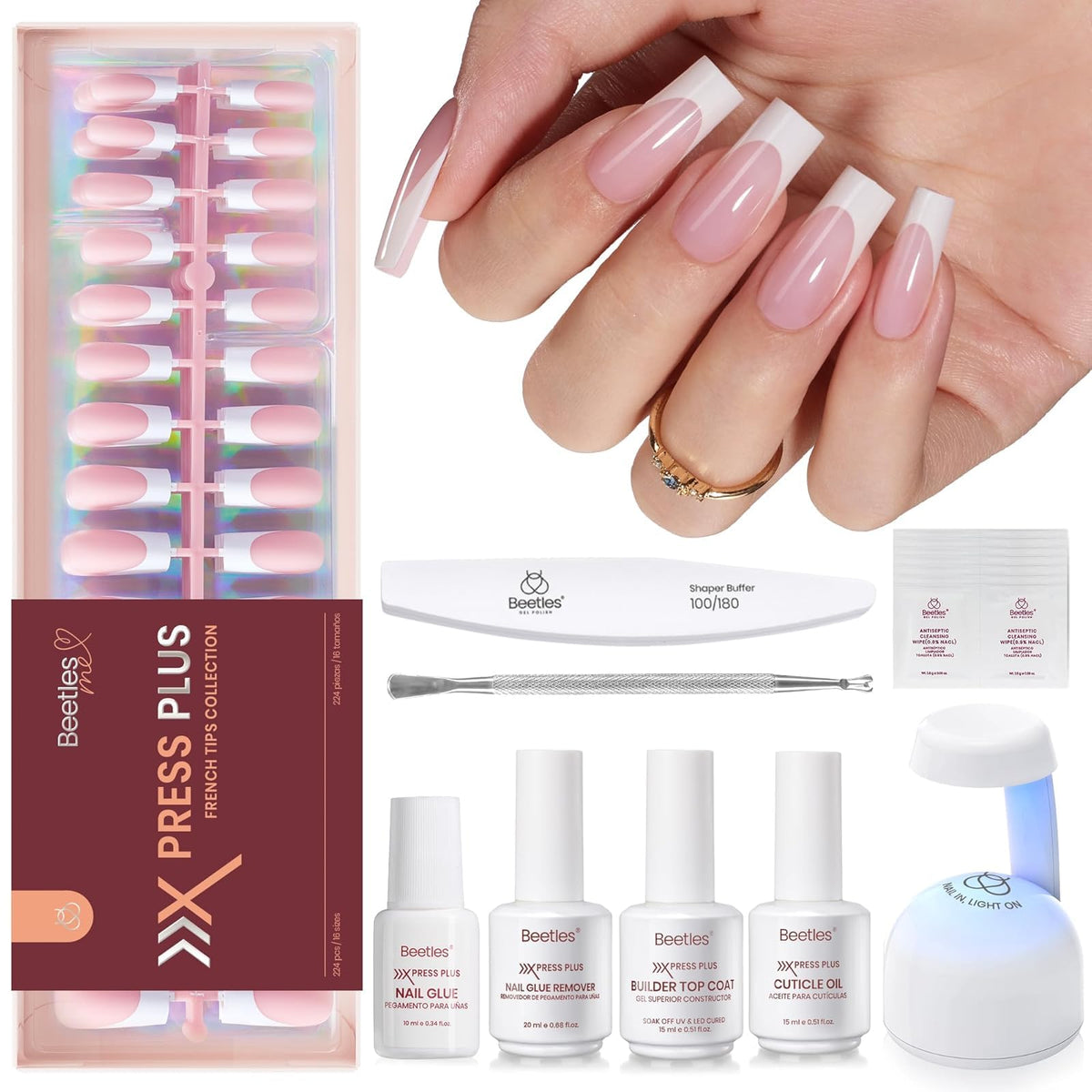 Beetles Press On Nail Kit contents including nails, glue, and tools