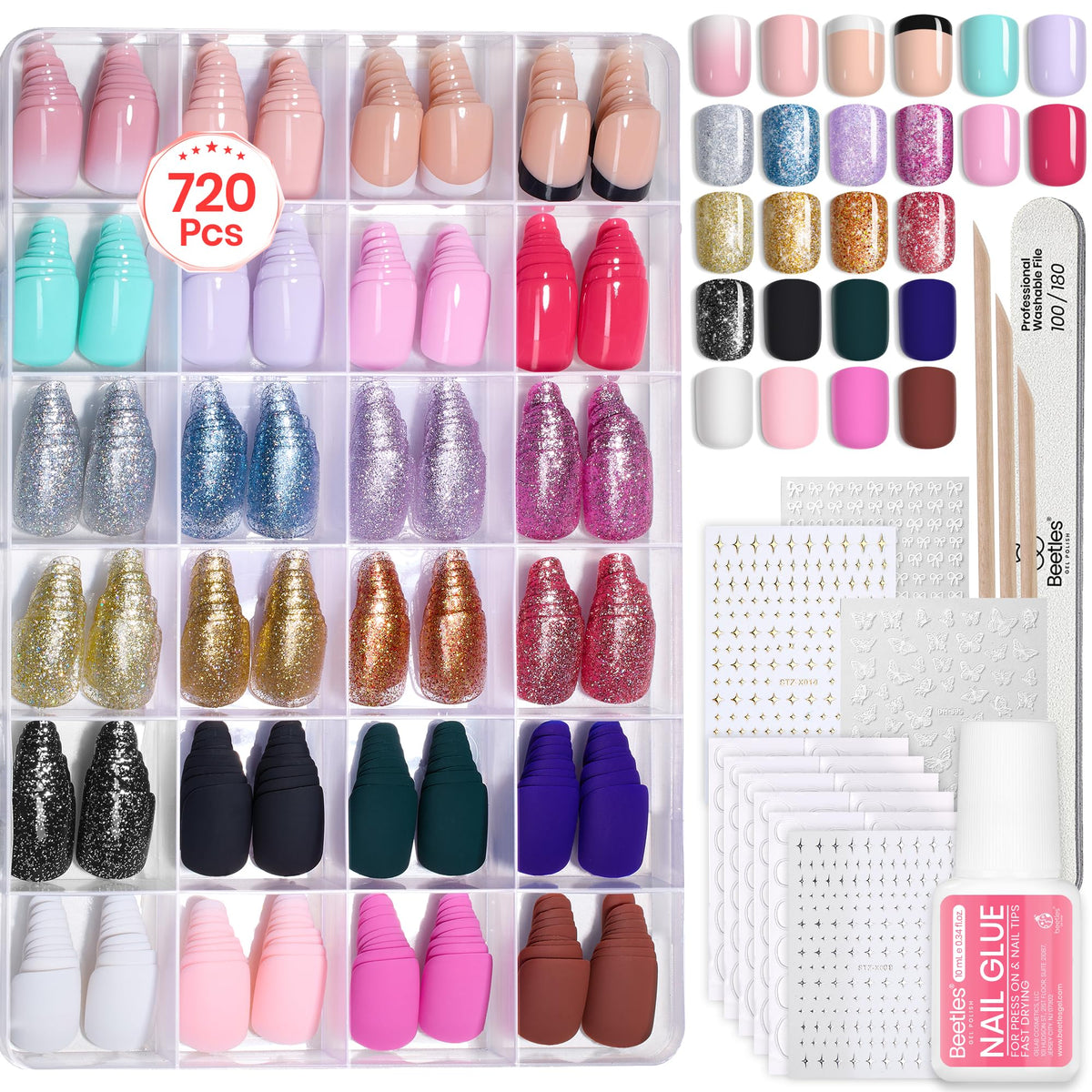 beetles Press On Nails Kit 720Pcs short square nails in packaging