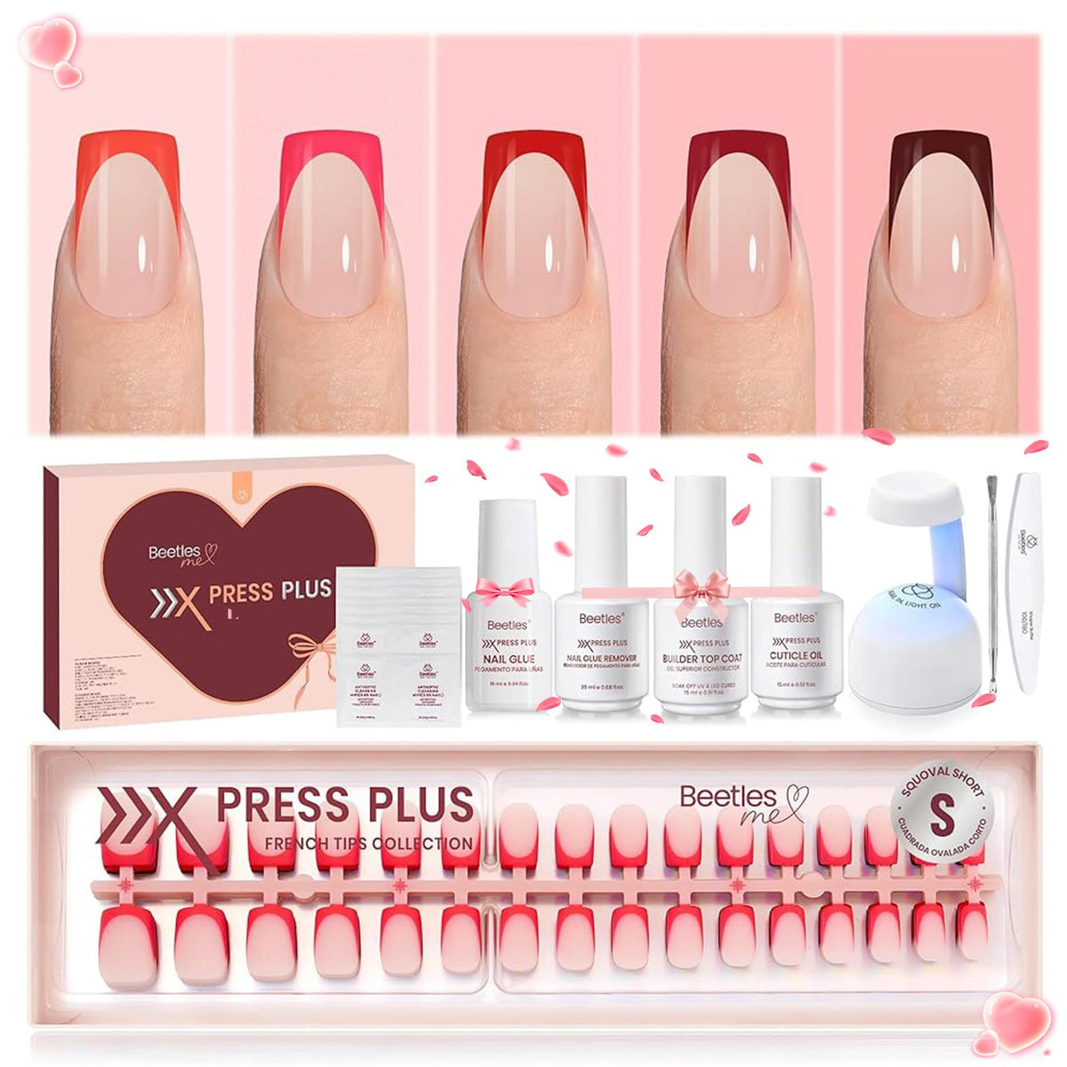 Beetles Red French Tip Nails kit contents including glue and nail lamp
