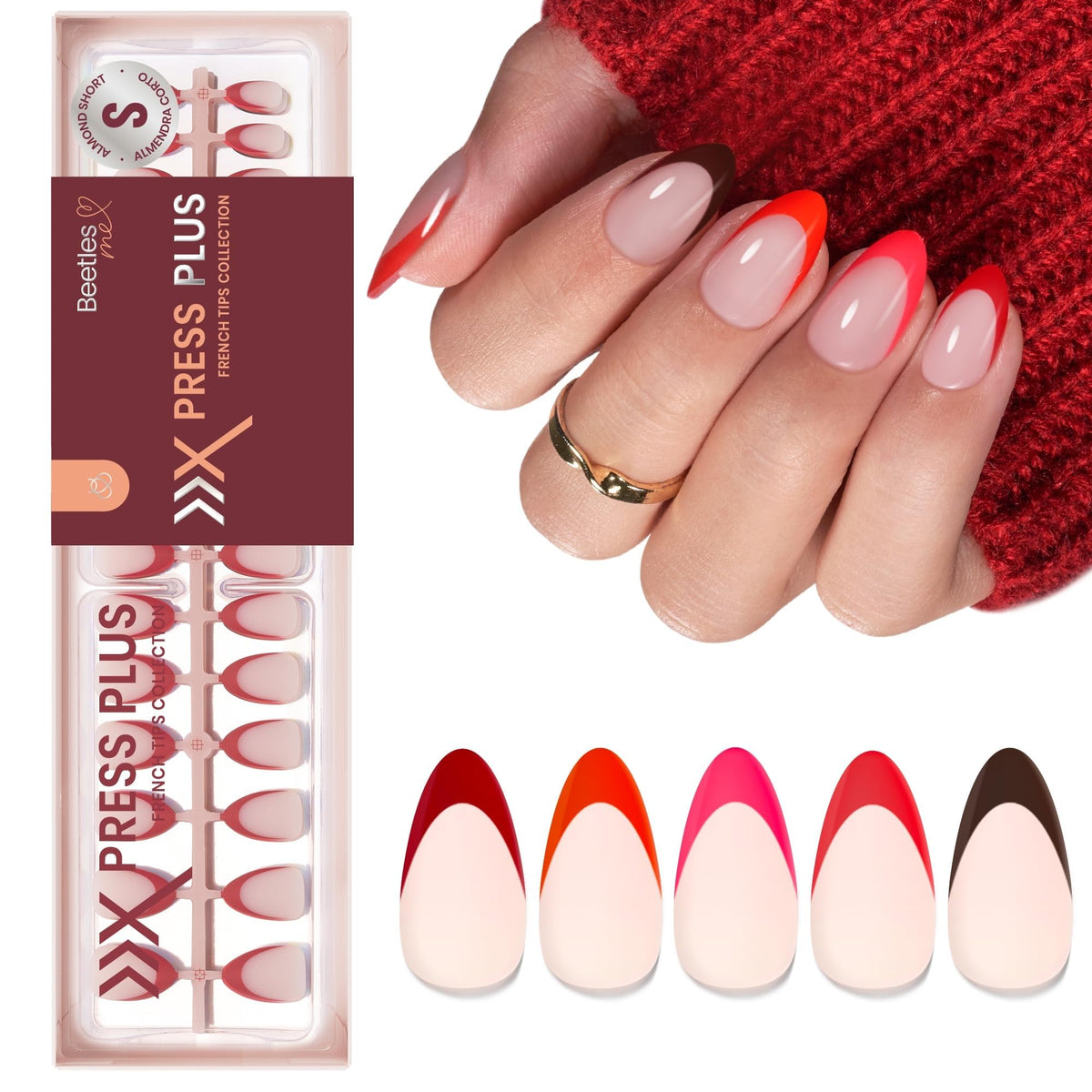 Beetles Red French Tip Press On Nails front view with assorted sizes