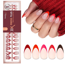 Beetles Red French Tip Press On Nails front view with assorted sizes