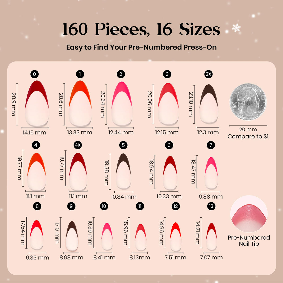 Beetles Red French Tip Press On Nails showing size labels 0-13