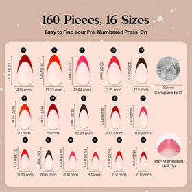 Beetles Red French Tip Press On Nails showing size labels 0-13