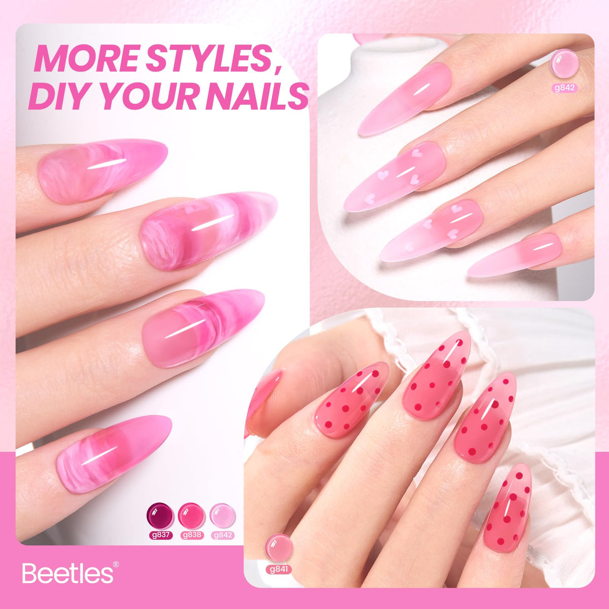 beetles Rose Whispers Jelly Pink Gel Nail Polish close-up of shades