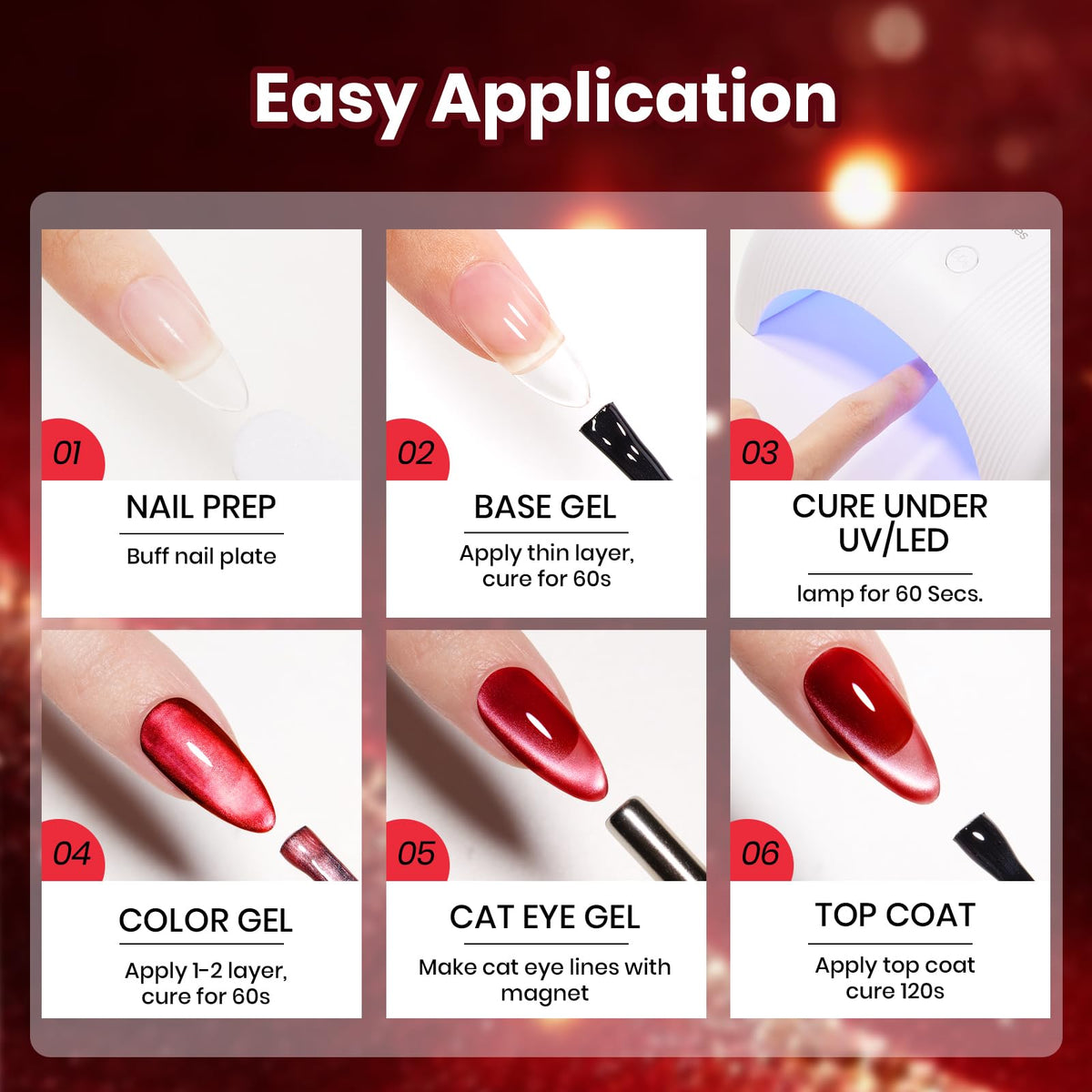 beetles Ruby Red Cat Eye Gel Polish on a nail art display
