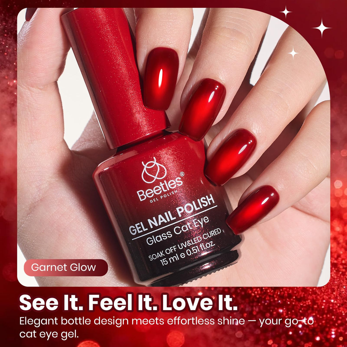 beetles Ruby Red Cat Eye Gel Polish with autumn leaves