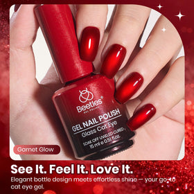 beetles Ruby Red Cat Eye Gel Polish with autumn leaves
