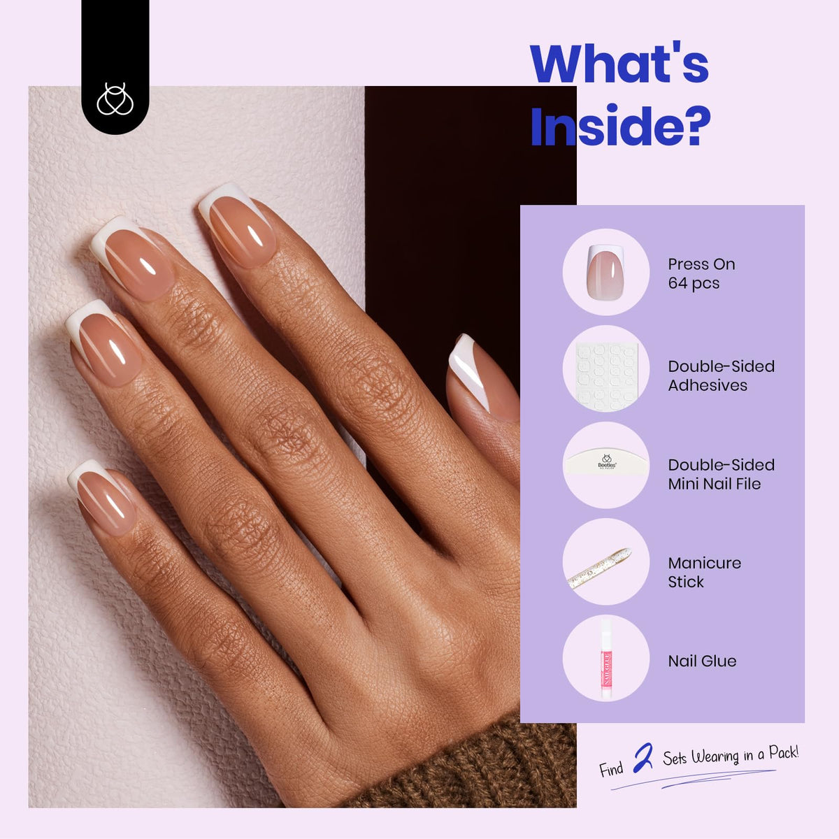 beetles Short Square French Tip Press On Nails in various sizes