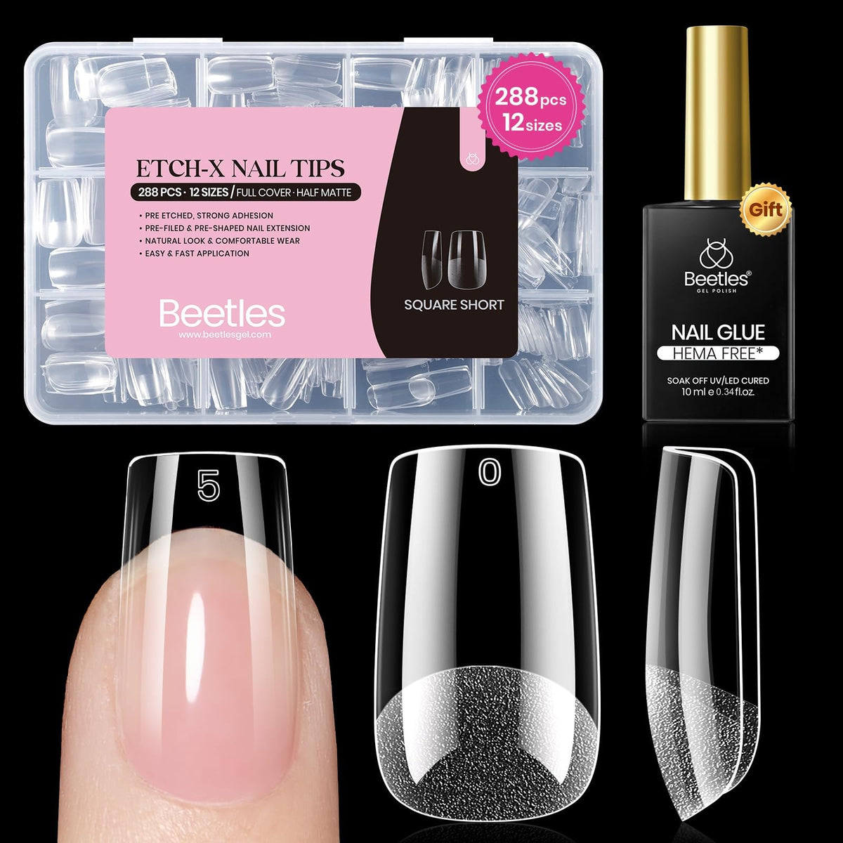 beetles Soft Gel Nail Kit 288pcs square short tips front view