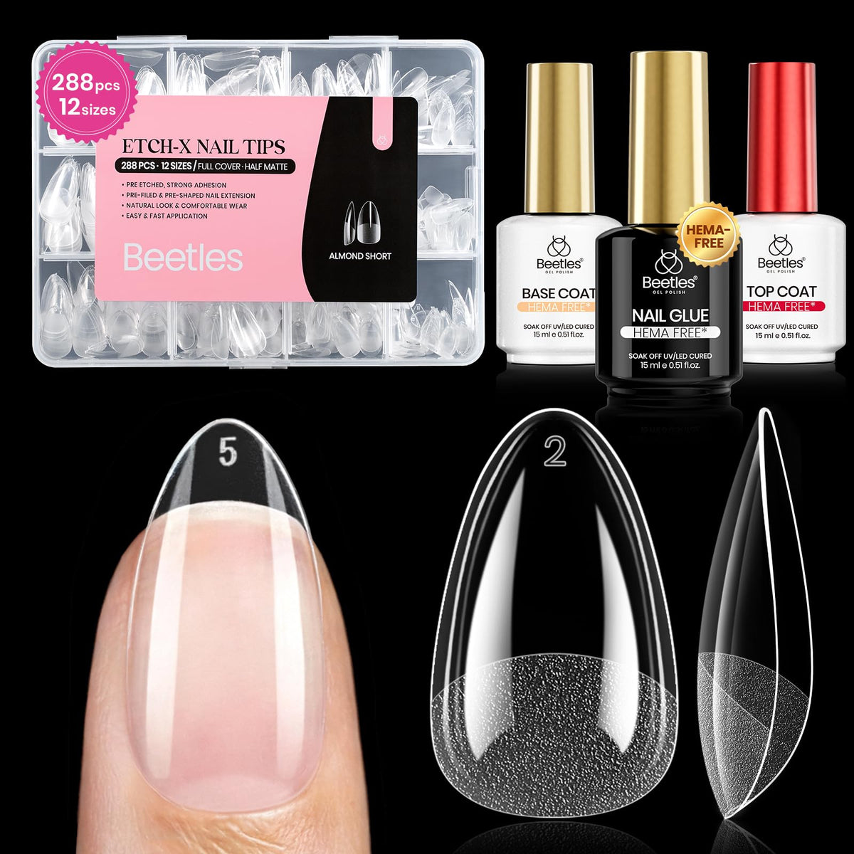 beetles Soft Gel Nail Kit with almond short nail tips front view