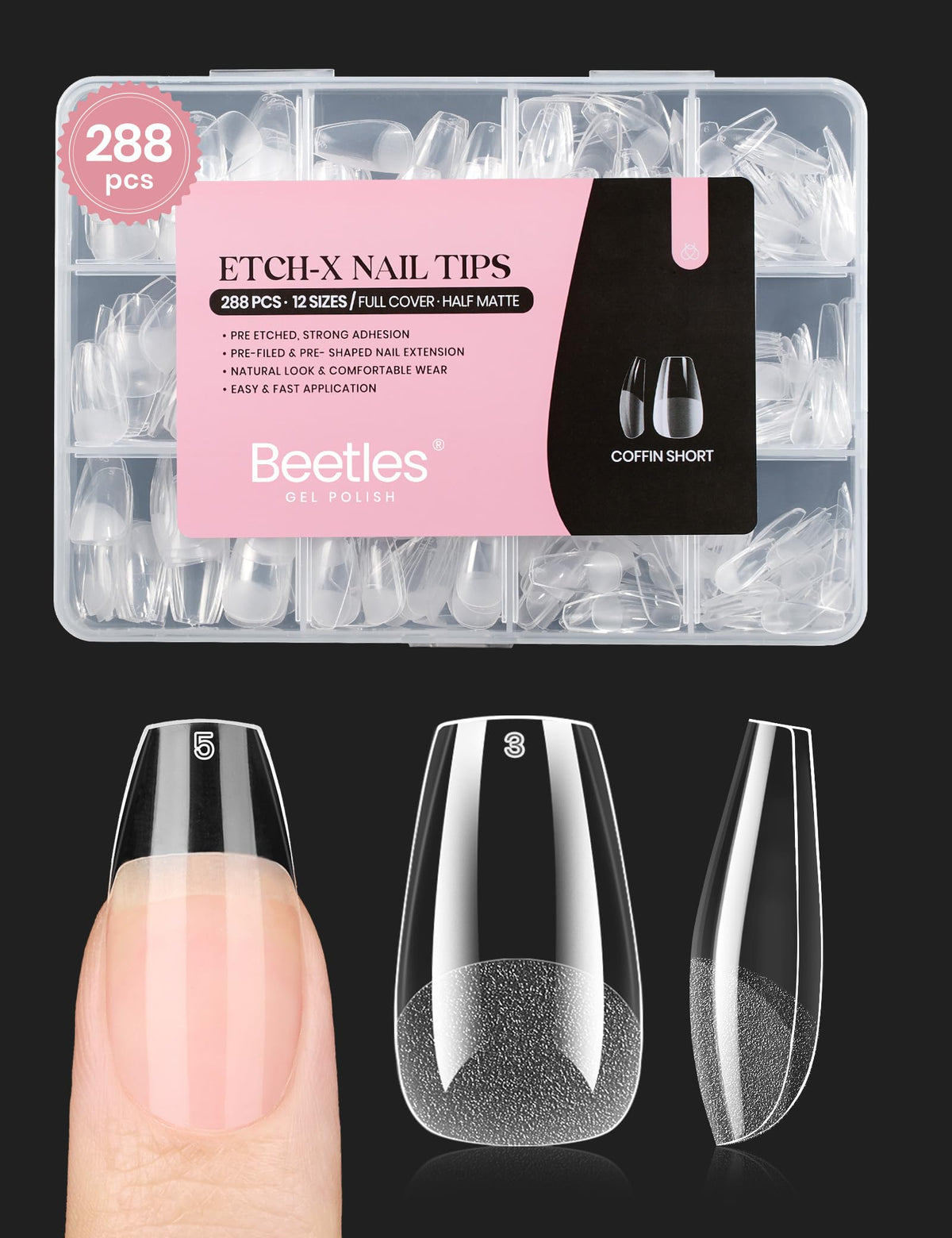 beetles Soft Gel Nail Tips 288Pcs assorted sizes front view