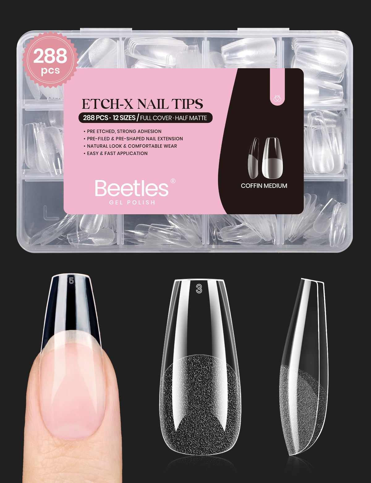 beetles Soft Gel Nail Tips medium coffin 288pcs front view
