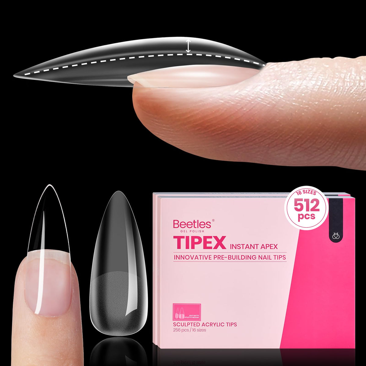 beetles Tipex Instant Apex Nail Tips medium stiletto front view
