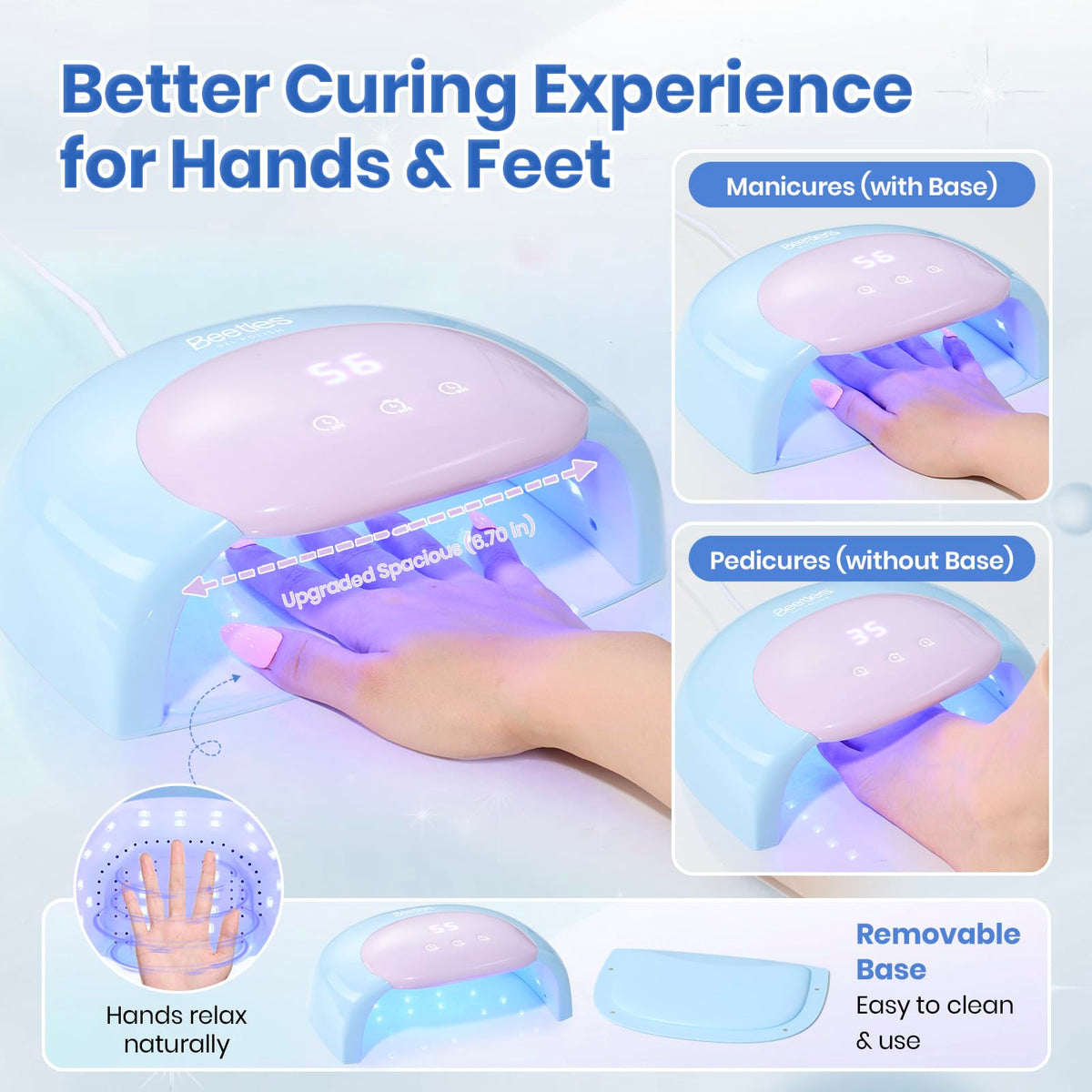 beetles UV Nail Lamp Candy Blue in use with hands