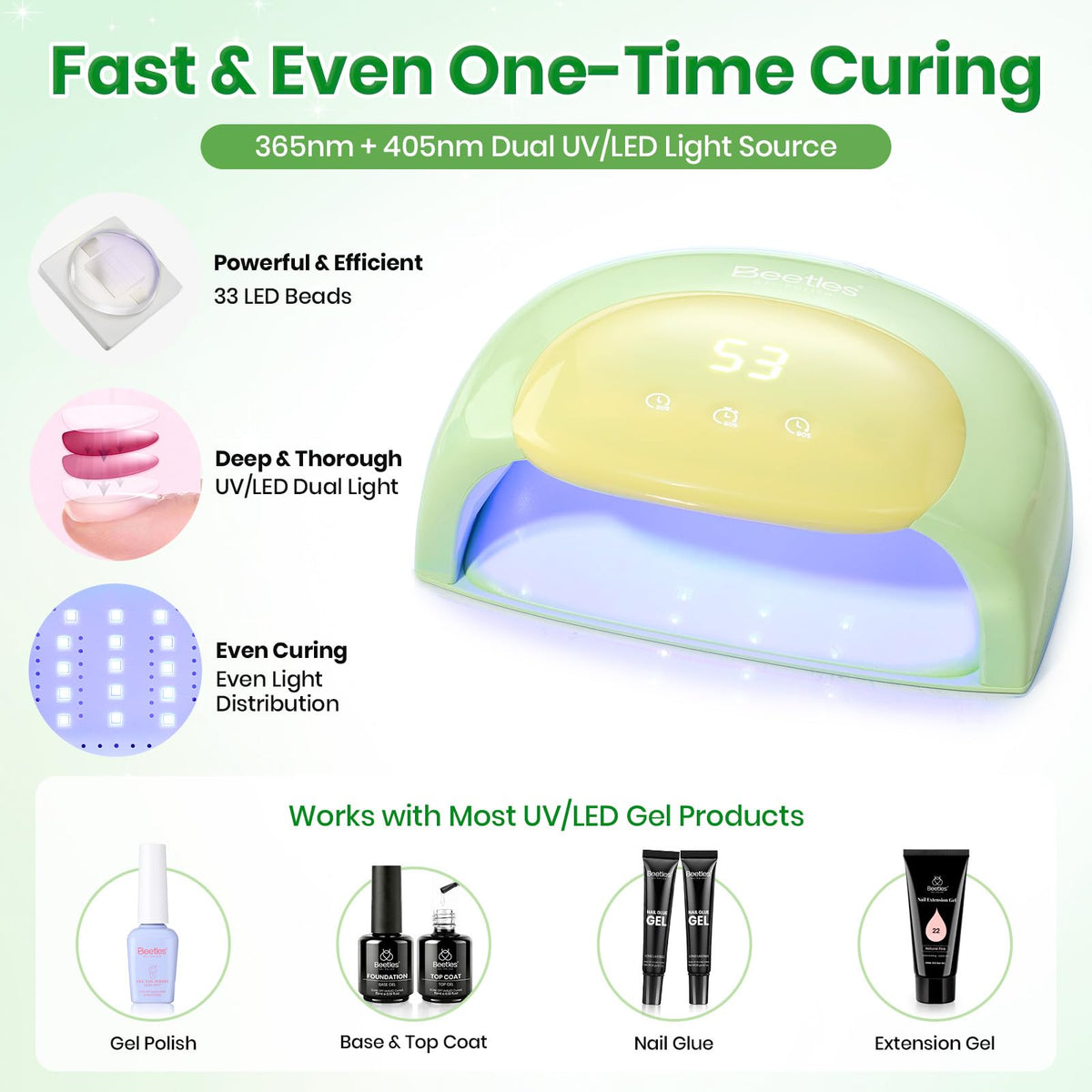 beetles UV Nail Lamp digital display and timer settings