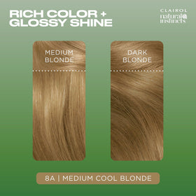 Before and after comparison of hair dyed with Clairol Natural Instincts 8A