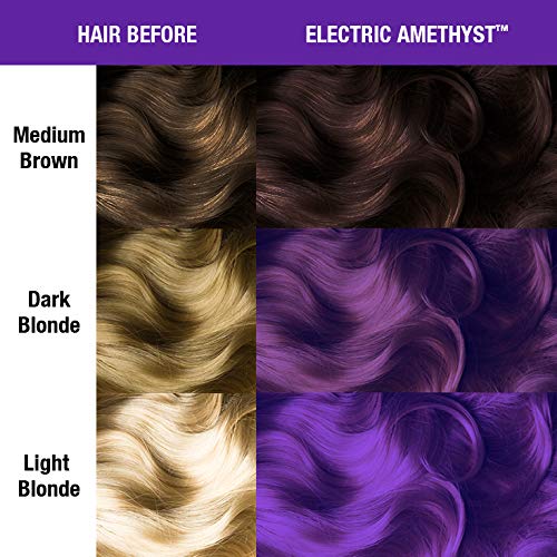 Before and after hair dye using MANIC PANIC Electric Amethyst