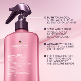 Before and after hair styling with Pureology Smooth Gloss Silkmorphose Spray