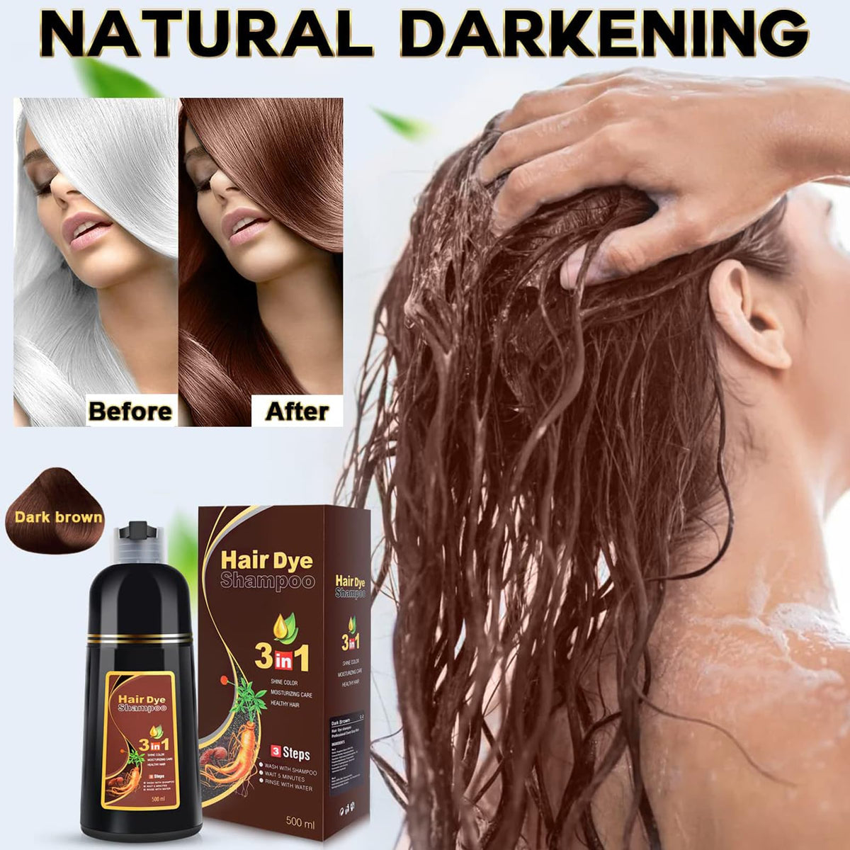 Before and after results of IIIMEIDU Dark Brown Hair Dye Shampoo