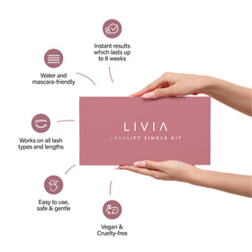 Before and after results of using LIVIA Lash Lift Kit
