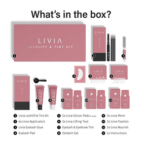 Before and after results of using LIVIA Lash Lift Kit