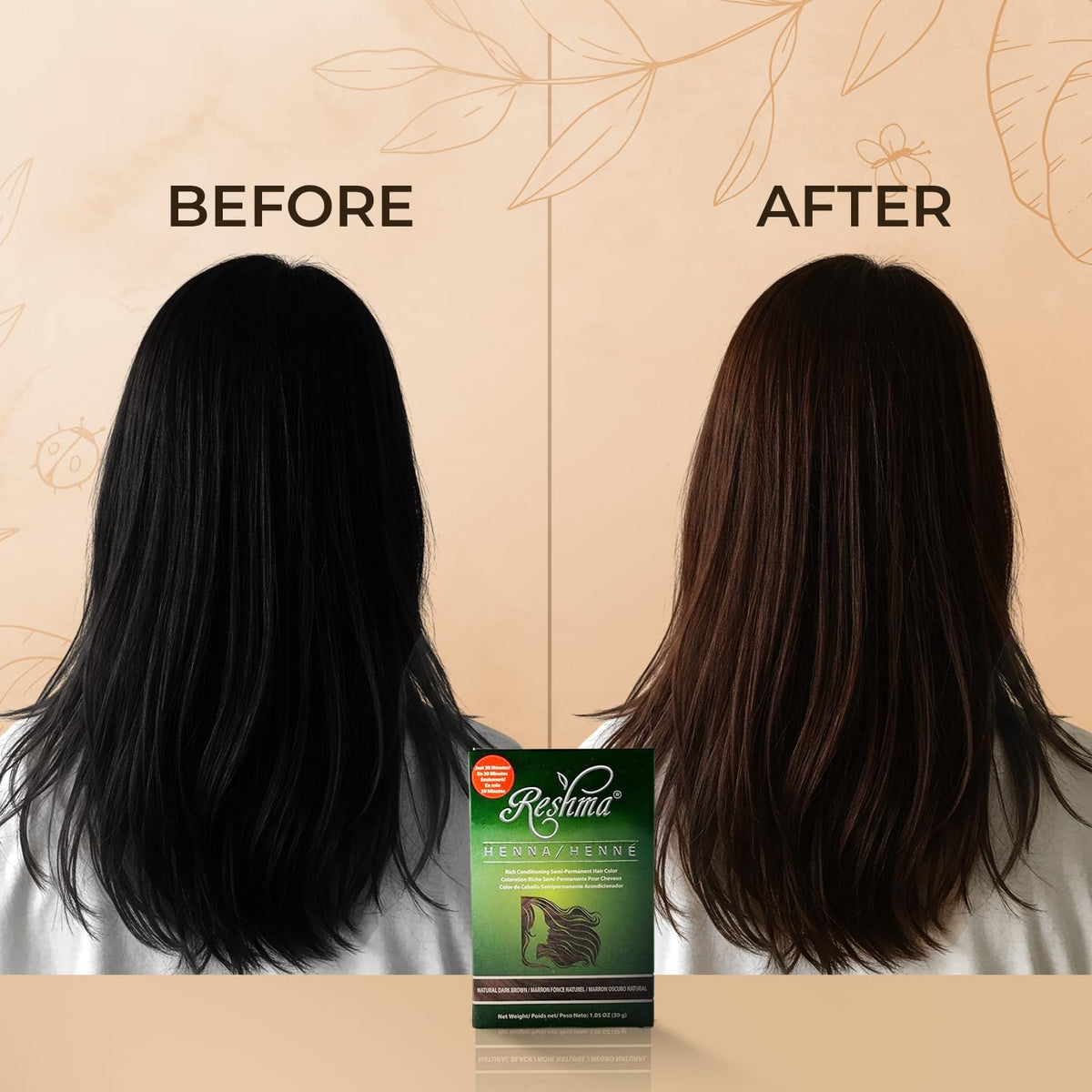Before and after results of using Reshma Beauty henna