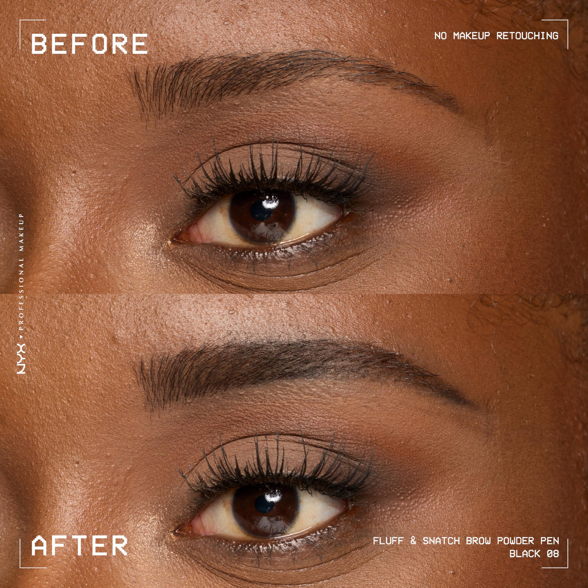Before and after using NYX Fluff & Snatch Brow Powder Pen