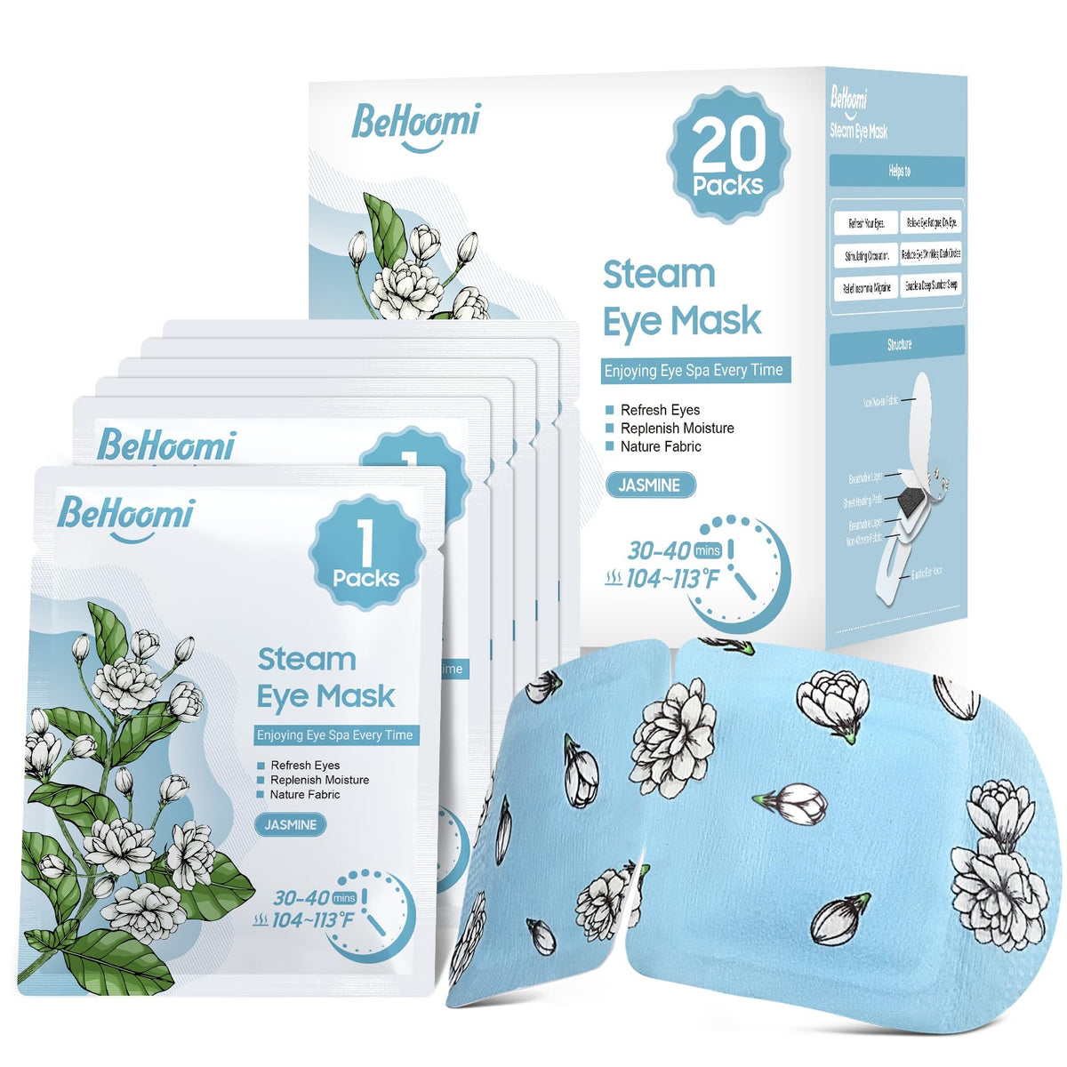 BeHoomi Steam Eye Mask 20 Packs Jasmine front view
