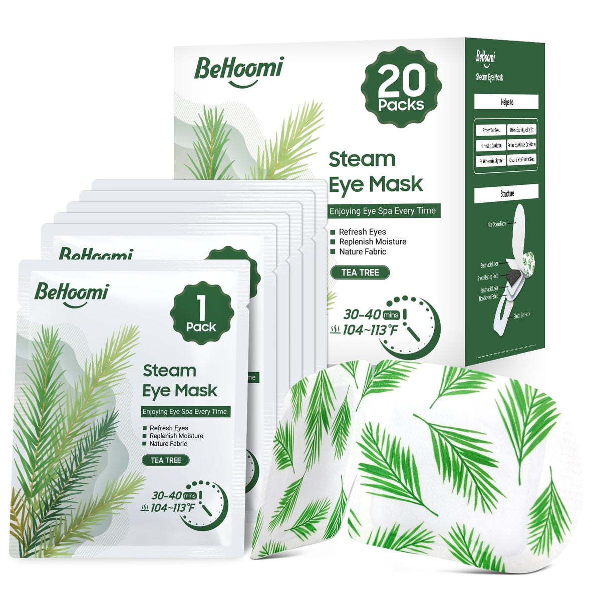 BeHoomi Steam Eye Mask 20 Packs Tea Tree front view