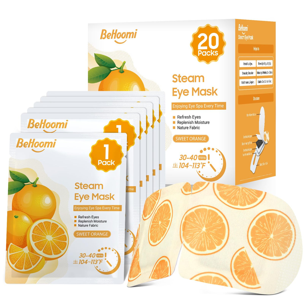BeHoomi Steam Eye Mask front view, orange packaging