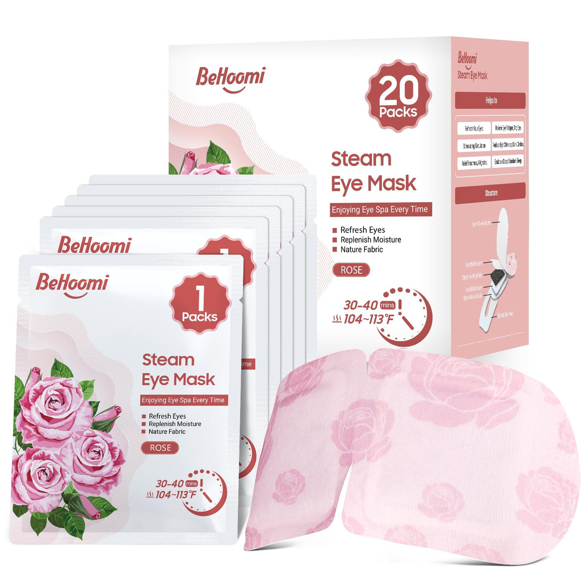 BeHoomi Steam Eye Mask front view with rose design