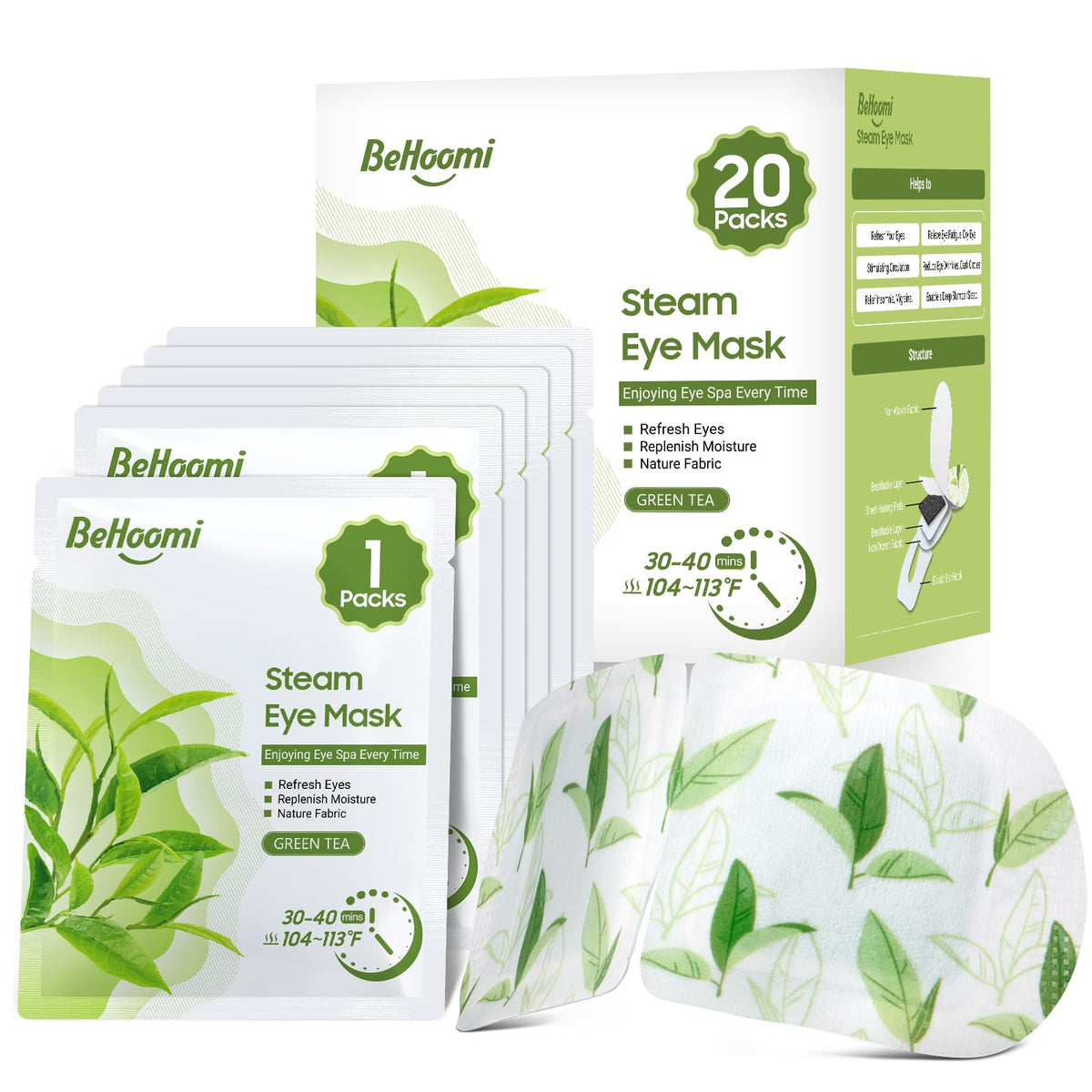 BeHoomi Steam Eye Mask pack front view with green tea design