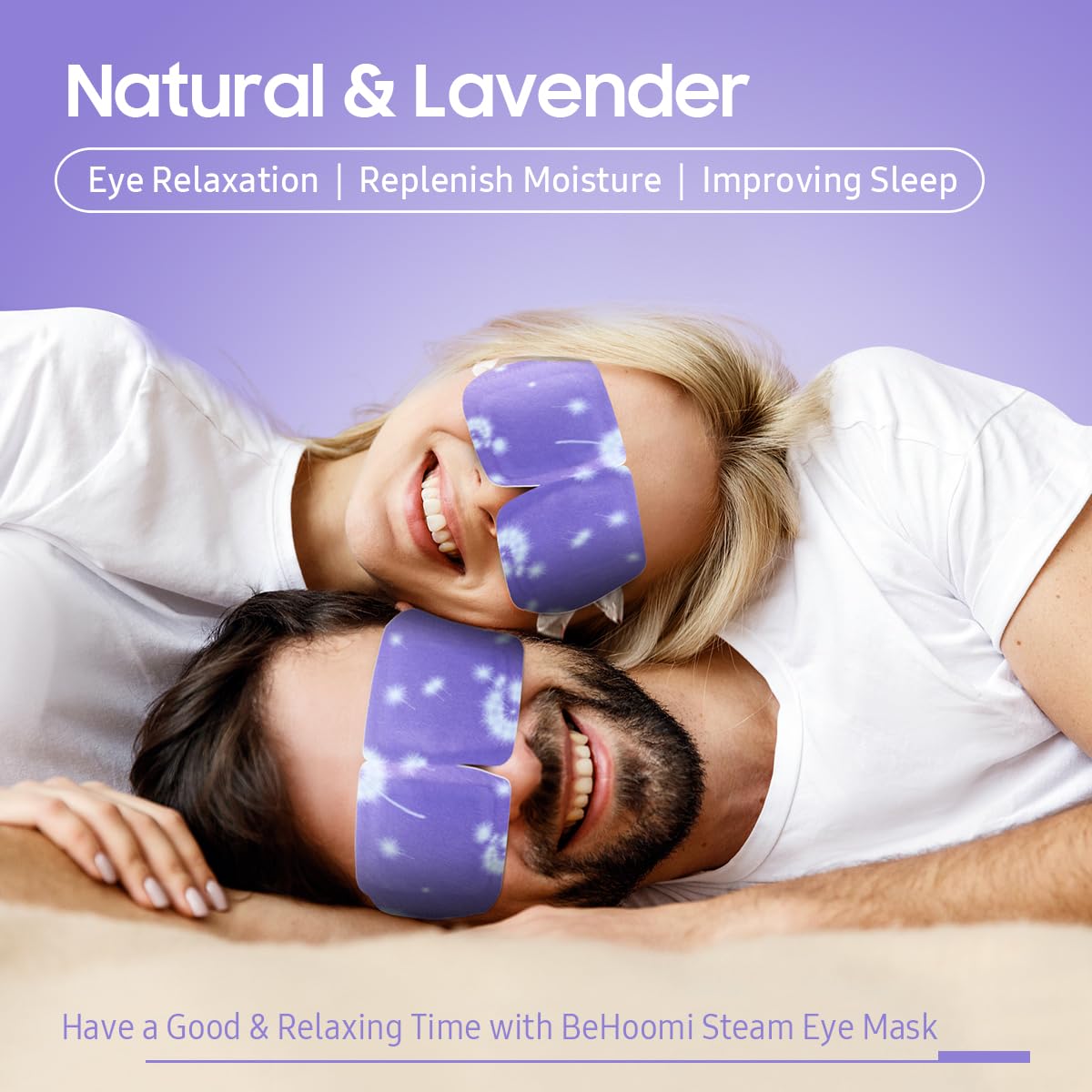 BeHoomi Steam Eye Mask packaging with lavender design