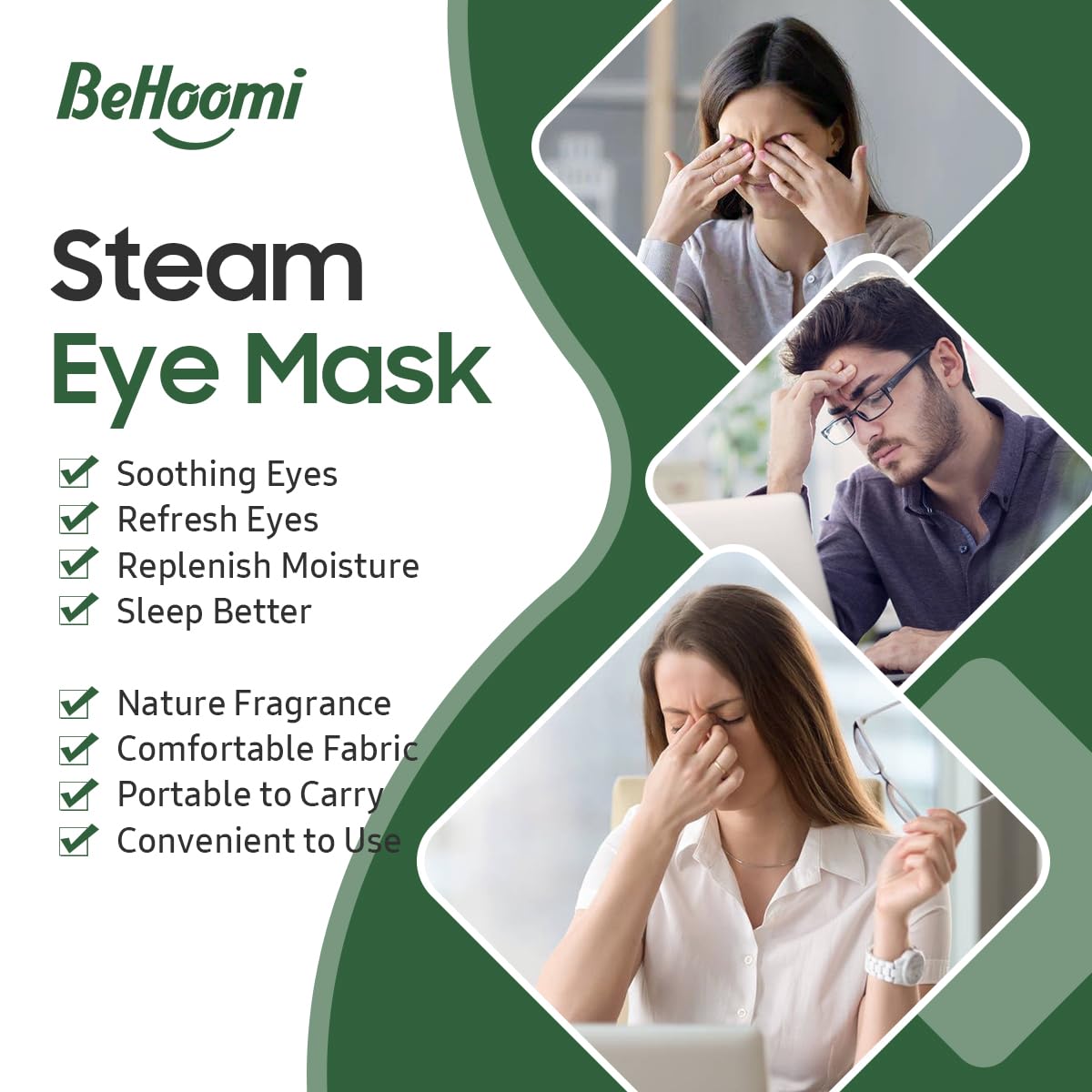BeHoomi Steam Eye Mask worn by a person relaxing