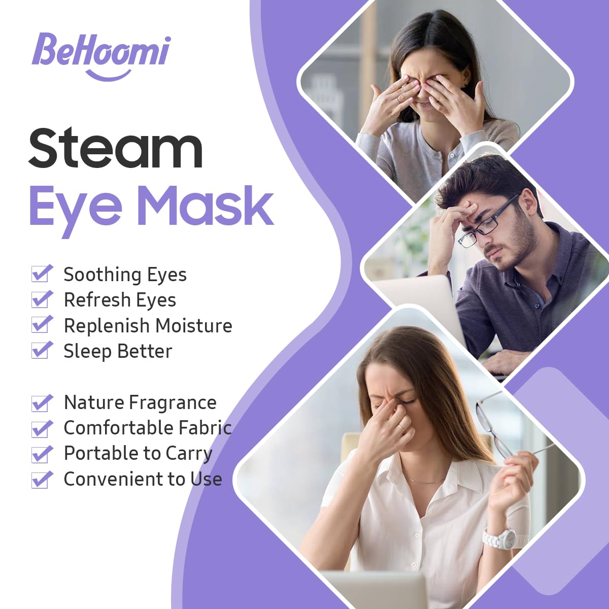 BeHoomi Steam Eye Mask worn by a person relaxing