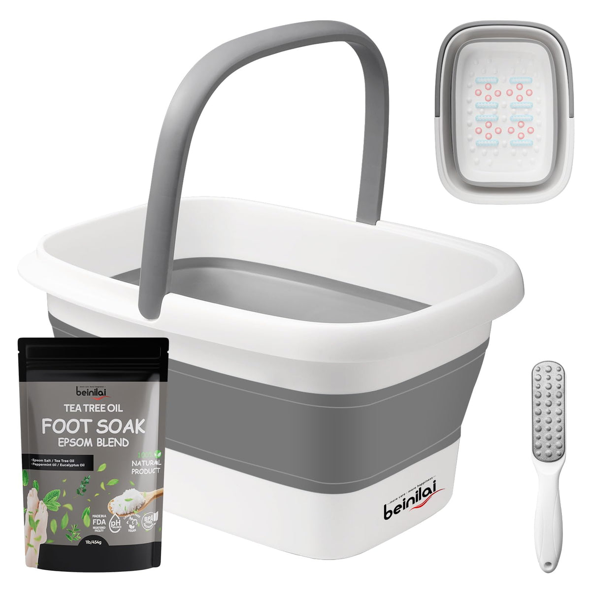 Beinilai Foldable Foot Tub front view with Epsom salt