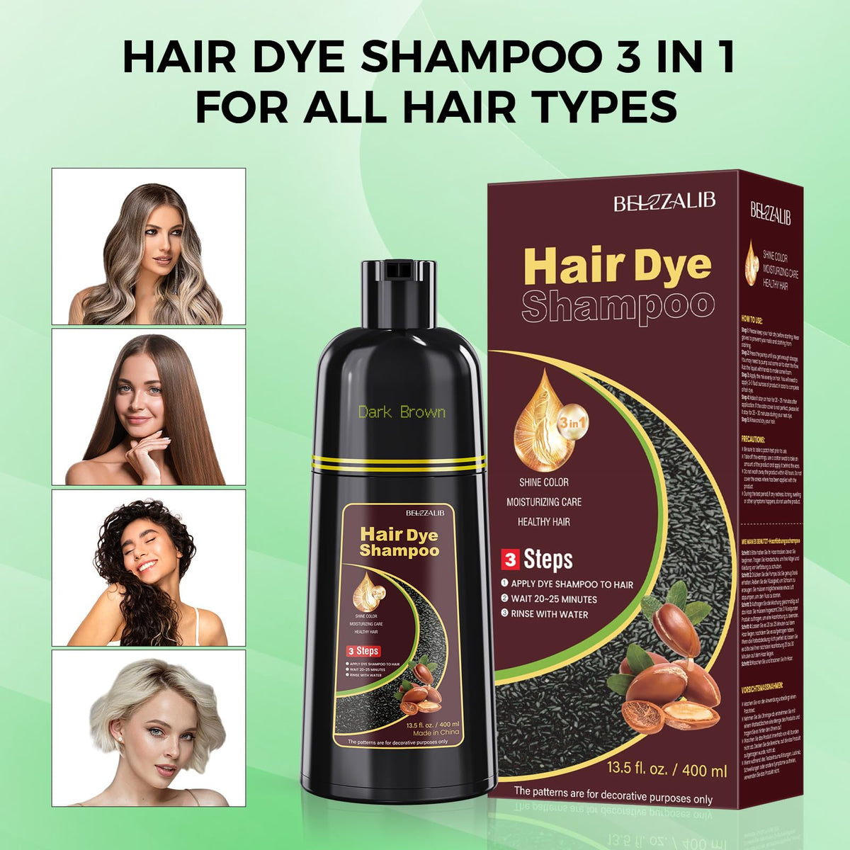 BELEZALIB Dark Brown Hair Dye Shampoo in a bathroom setting