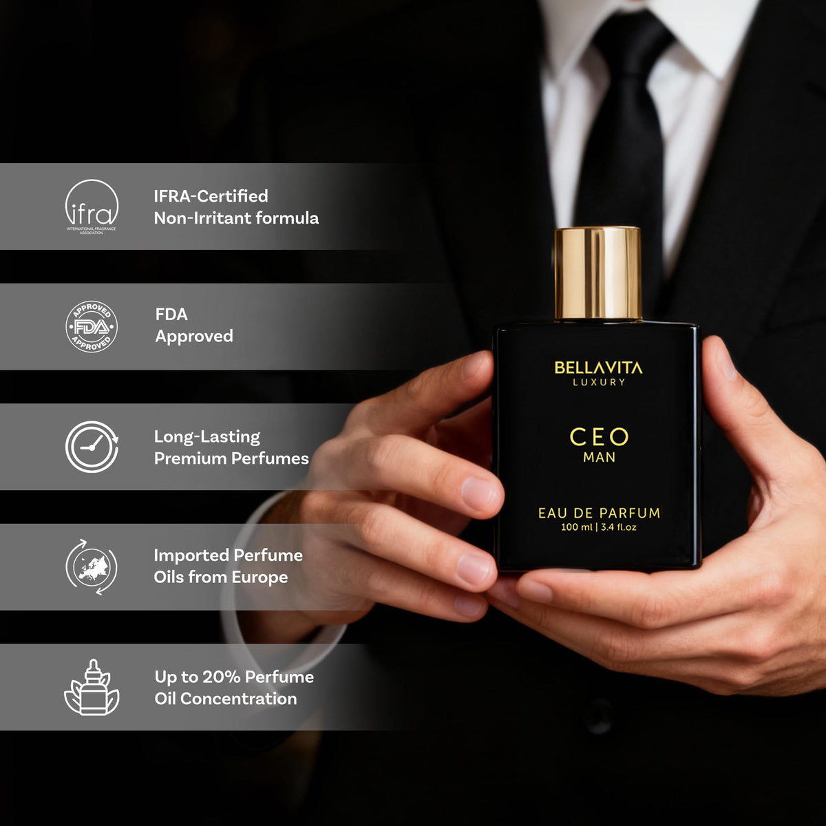 Bella Vita Luxury CEO MAN Eau de Parfum bottle on a desk