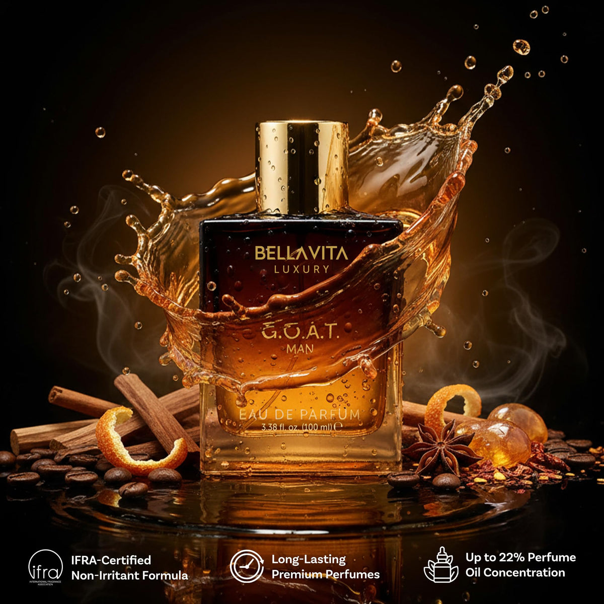 Bella Vita Luxury G.O.A.T. Eau de Parfum in a stylish setting