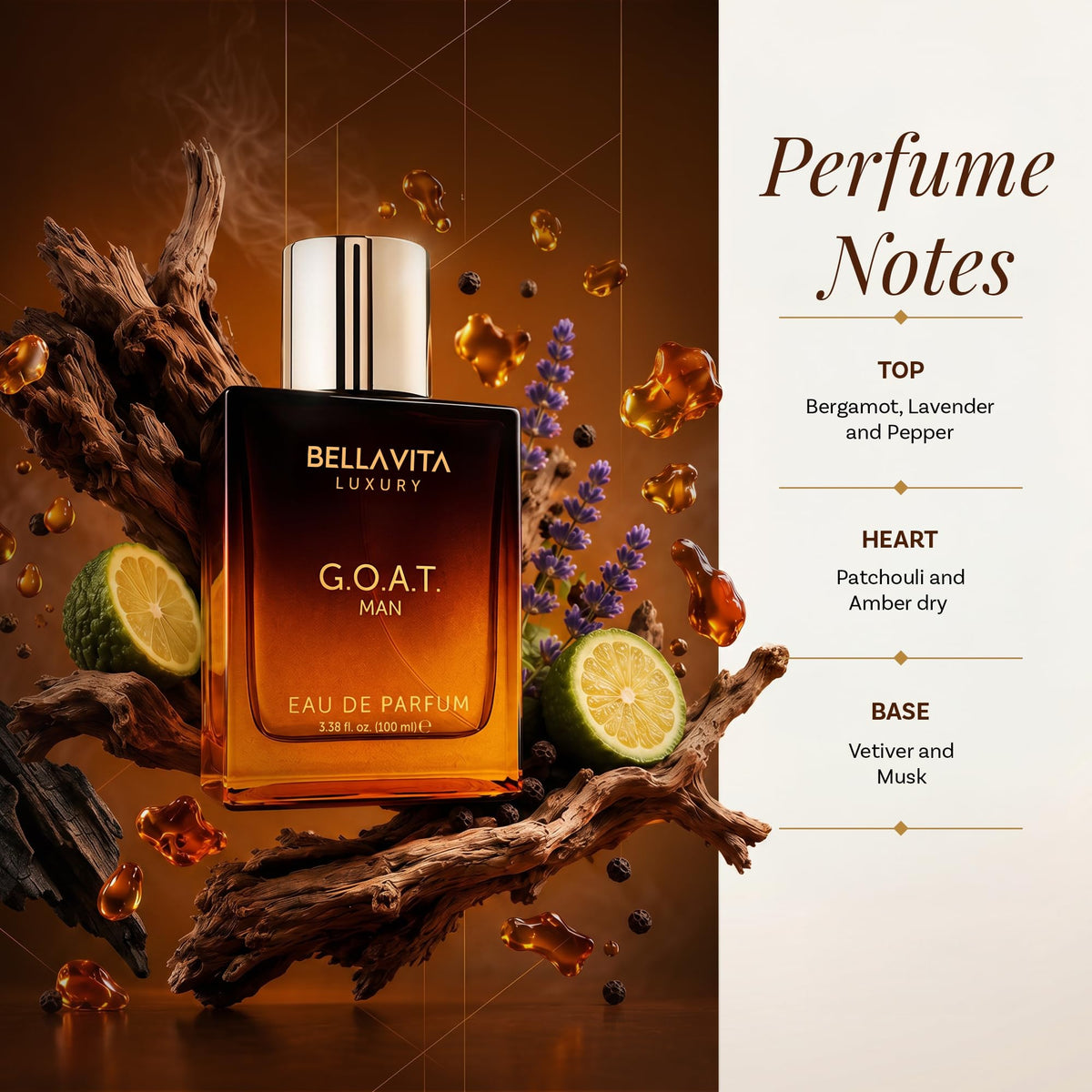Bella Vita Luxury G.O.A.T. Eau de Parfum on a wooden table