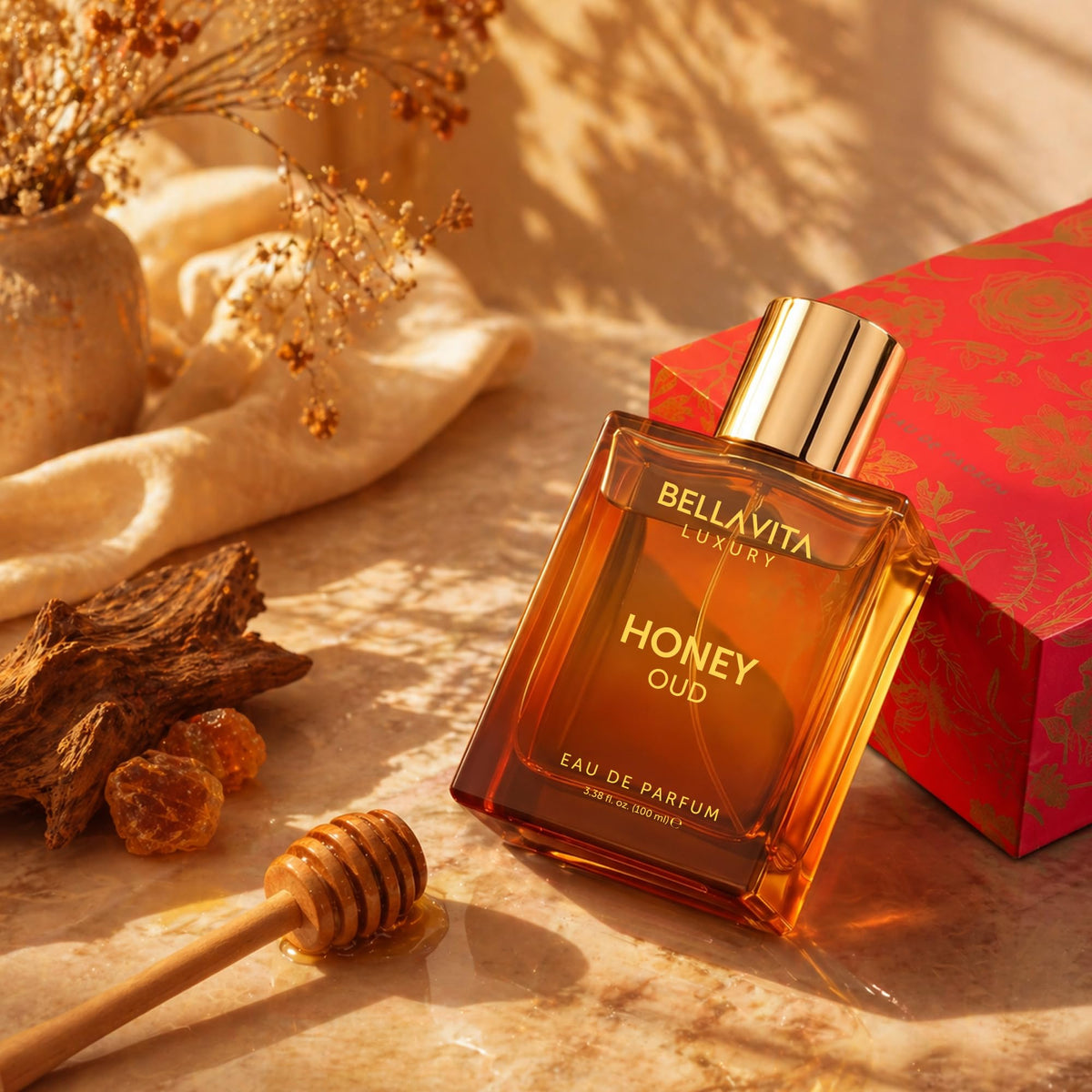 Bella Vita Luxury Honey Oud Eau de Parfum on vanity