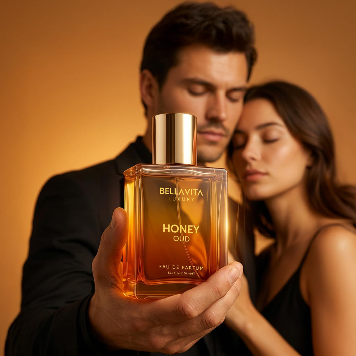 Bella Vita Luxury Honey Oud Eau de Parfum with floral background