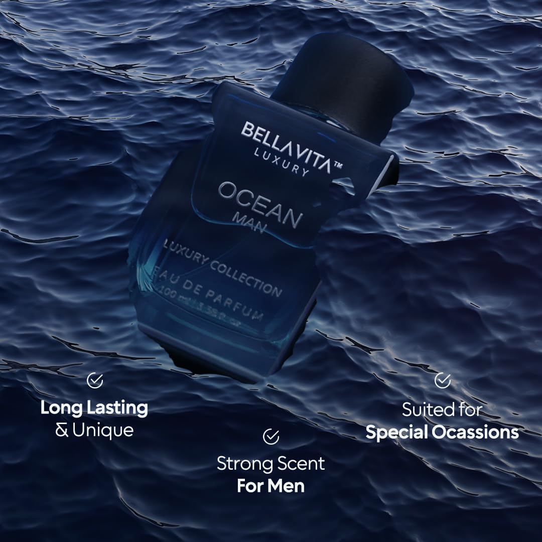 Bella Vita Luxury OCEAN Eau de Parfum 100 ml on a bathroom counter